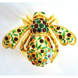Joan Rivers Bee Brooch Pin Holly Jolly Holiday Christmas Crystal Green Red Vtg